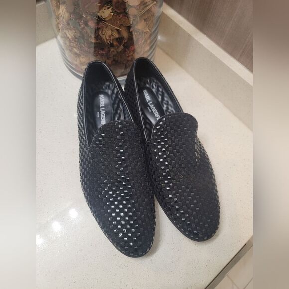 KARL LAGERFELD PARIS VELVET LEATHER BASKET WEAVE LOAFER BLACK 8.5 - Picture 1 of 10